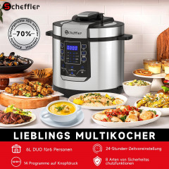 Scheffler Scheffler Multikocher 6L Elektrischer Reiskocher Schnellkochtopf, 14 Automatische-Programme, 1000,00 W, 6,00 l Schussel, Schongarer, Wokpfanne, Joghurtbereite  Mehr, Edelstahl, Timer  Мультиварка Scheffler электрическая рисоварка 6л, скороварка,