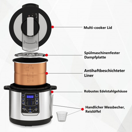 Scheffler Scheffler Multikocher 6L Elektrischer Reiskocher Schnellkochtopf, 14 Automatische-Programme, 1000,00 W, 6,00 l Schussel, Schongarer, Wokpfanne, Joghurtbereite  Mehr, Edelstahl, Timer  Мультиварка Scheffler электрическая рисоварка 6л, скороварка,