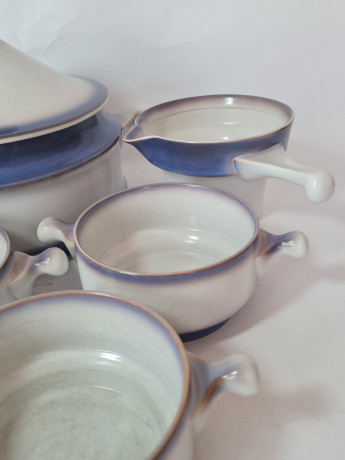 Набор посуды винтажной Goebel, Auvergne Bavaria, бело-синий фарфор, горшочки 4 шт x 20 x 19 см, 1 шт х 17 x 6 см, соусник 18,5 x 9 см, Германия, 1960-70гг.