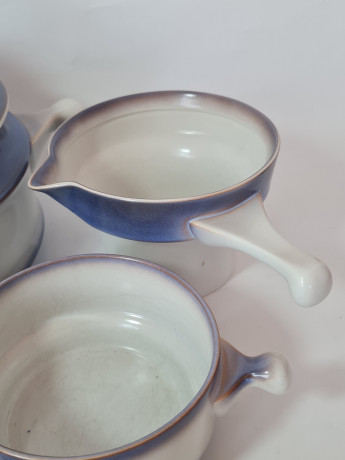 Набор посуды винтажной Goebel, Auvergne Bavaria, бело-синий фарфор, горшочки 4 шт x 20 x 19 см, 1 шт х 17 x 6 см, соусник 18,5 x 9 см, Германия, 1960-70гг.