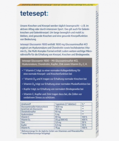 tetesept Glucosamin 1600 Tabletten 40 St, tetesept тетесепт Глюкозамин 1600 c гиалуроновой кислотой, цинком, медью и витаминами C, D3 и K1, 40 штук