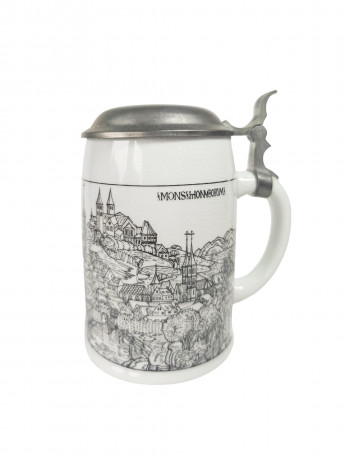 Немецкая пивная кружка винтажная Alten Kunststadt Germany "Бабенберг", с крышкой, кракелюр, фарфор / олово, 0.5 л, 15.5 см, Германия, 1960-70гг.
