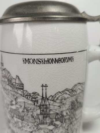 Немецкая пивная кружка винтажная Alten Kunststadt Germany "Бабенберг", с крышкой, кракелюр, фарфор / олово, 0.5 л, 15.5 см, Германия, 1960-70гг.