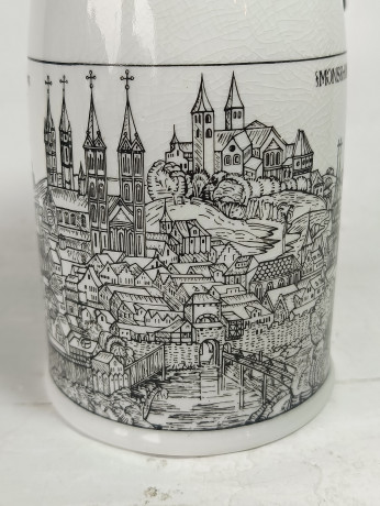 Немецкая пивная кружка винтажная Alten Kunststadt Germany "Бабенберг", с крышкой, кракелюр, фарфор / олово, 0.5 л, 15.5 см, Германия, 1960-70гг.