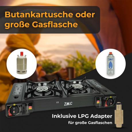 ZMC ZMC Gaskocher 2in1 Campingkocher mit Grillplatte 2 Flammig + 20x Gaskartuschen 227g, (mit Piezozundung Grill Platte Tischgrill Doppel Gasbrenner Gasgrill Kochfeld mit LPG Anschluss Warmeleistung: 2,3KW), Outdoor Camping Gas Kocher Butan Gas Gaskocher 