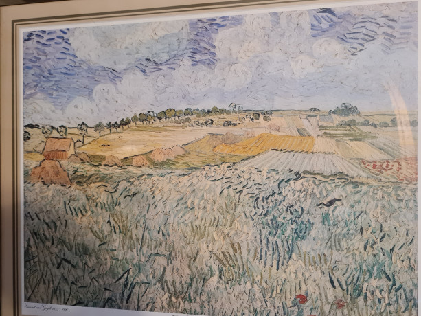 Картина винтажная "Поля в Овере" Винсент Ван Гог, золотистая рама, 43 x 35 см, Германия, 1960-70гг.
