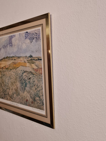 Картина винтажная "Поля в Овере" Винсент Ван Гог, золотистая рама, 43 x 35 см, Германия, 1960-70гг.