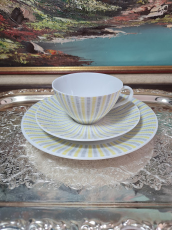 Чайное трио винтажное Bavaria с желто-серым геометричным декором, фарфор, Германия, 1970-80гг.