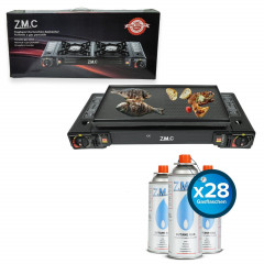 ZMC ZMC Gaskocher 2in1 Campingkocher mit Grillplatte 2 Flammig + 28x Gaskartuschen 227g, (mit Piezozundung Grill Platte Tischgrill Doppel Gasbrenner Gasgrill Kochfeld mit LPG Anschluss Warmeleistung: 2,3KW), Outdoor Camping Gas Kocher Butan Gas Gaskocher 