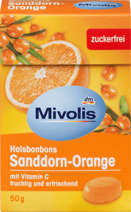 Mivolis Bonbon, Sanddorn-Orange, zuckerfrei Миволис пастилки от горла облепиха-апельсин с Витамином С и экстрактом 18 трав, без сахара, 50 г