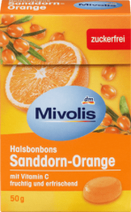 Mivolis Bonbon, Sanddorn-Orange, zuckerfrei Миволис пастилки от горла облепиха-апельсин с Витамином С и экстрактом 18 трав, без сахара, 50 г