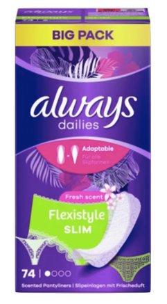 always Slipeinlage Flexistyle Slim Fresh BigPack 74 St, Прокладки Ежедневные тонкие Flexistyle с ароматом свежести 74 штуки, 2 упаковки (148 штук)