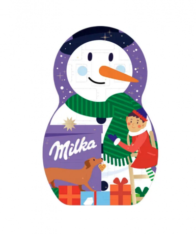 Milka Schokolade Schneemann 2025 Adventskalender 236g, Авдент-календарь 2025 Снеговик, 24 сладких сюрприза, 28см x 43см, 236 грамм