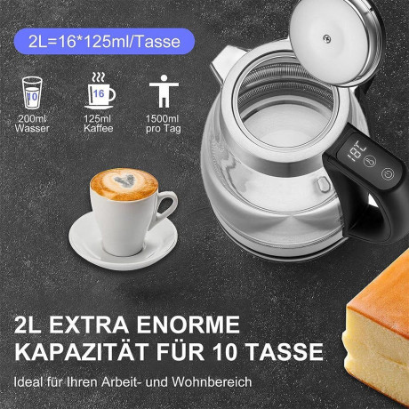 Mutoy Mutoy Wasserkocher Wasserkocher mit temperatureinstellung, Wasserkocher Glas 2,0 Liter, 2200,00 W, Temperaturwahl 40-100°C Farbwechsel LED, Wasserkocher Edelstahl Glas Чайник Mutoy с регулировкой температуры, стеклянный чайник 2,0 литра, 2200,00 Вт,