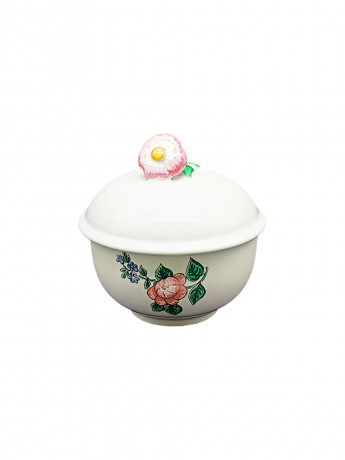 Емкость для сыпучих продуктов винтажная Staatlich Majolika Manufaktur Karlsruhe A.G., с объемным цветком на крышке, керамика, ручная работа, 11.5 см, Германия, 1970-80гг.