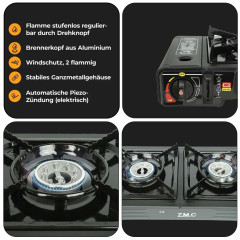 ZMC ZMC Gaskocher 2in1 Campingkocher mit Grillplatte 2 Flammig + 16x Gaskartuschen 227g, (mit Piezozundung Grill Platte Tischgrill Doppel Gasbrenner Gasgrill Kochfeld mit LPG Anschluss Warmeleistung: 2,3KW), Outdoor Camping Gas Kocher Butan Gas Gaskocher 