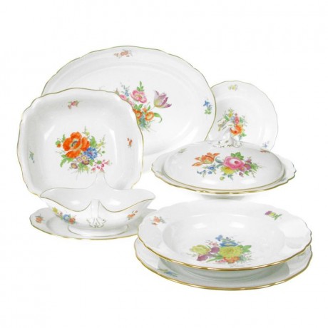Meissen Meissen  'Neuer Ausschnitt - Bukett mitte bunt mit Goldrand' Tafelservice 6 Personen 22-tlg. Мейсен "Новая огранка - букет посередине пестрый с золотой каймой" Сервиз столовый на 6 персон, 22 штуки.