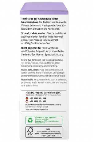 Simplicol Textilfarbe intensiv Miss Lavendel, Краска для ткани лавандовая фиолетовая Miss Lavendel интенсивная, жидкая, для стиральной машины 40C, 150 мл + фиксатор 400 г