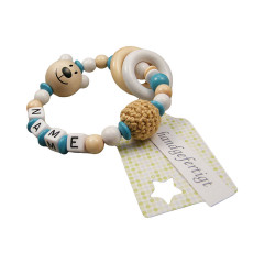 kleinerStorch Greifling mit Name – Madchen  Jungen Beissring personalisiert – Holz Rassel Bar weiss turkis Игрушка-клатч с именем