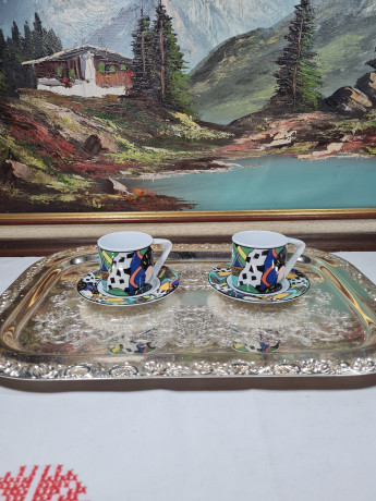 Чайное трио винтажное Freiberger Porzellan Sachsen с ярким абстрактным принтом, фарфор, Германия, 1970-80гг.