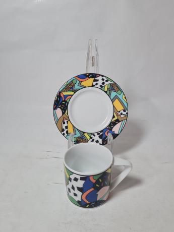 Чайное трио винтажное Freiberger Porzellan Sachsen с ярким абстрактным принтом, фарфор, Германия, 1970-80гг.