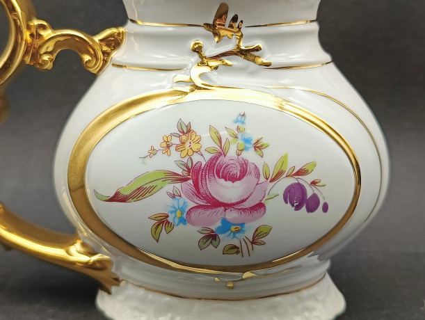 Кружка винтажная JDME Czechoslovakia 78 er с ручкой, цветочный декор с позолотой, фарфор, 17 х 11 см, Чехословакия, 1960-70гг.