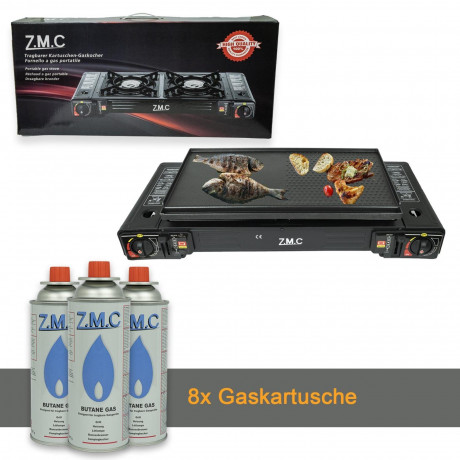 ZMC ZMC Gaskocher 2in1 Campingkocher mit Grillplatte 2 Flammig + 8x Gaskartuschen 227g, (mit Piezozundung Grill Platte Tischgrill Doppel Gasbrenner Gasgrill Kochfeld mit LPG Anschluss Warmeleistung: 2,3KW), Outdoor Camping Gas Kocher Butan Gas Gaskocher H