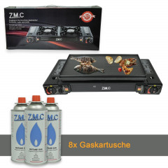 ZMC ZMC Gaskocher 2in1 Campingkocher mit Grillplatte 2 Flammig + 8x Gaskartuschen 227g, (mit Piezozundung Grill Platte Tischgrill Doppel Gasbrenner Gasgrill Kochfeld mit LPG Anschluss Warmeleistung: 2,3KW), Outdoor Camping Gas Kocher Butan Gas Gaskocher H