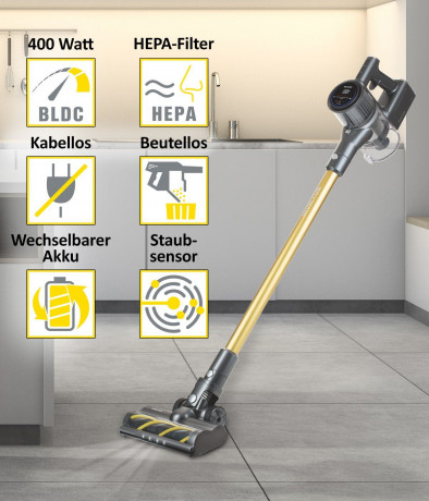 Genius Genius Akku-Stielstaubsauger INVICTUS X8 PRO Akkustaubsauger Set 12-tlg. Handstaubsauger, beutellos HEPA Filter, 400 Watt Wechselbarer Akku  Беспроводной пылесос Genius INVICTUS X8 PRO Беспроводной пылесос, набор из 12 предметов. Ручной пылесос, HE