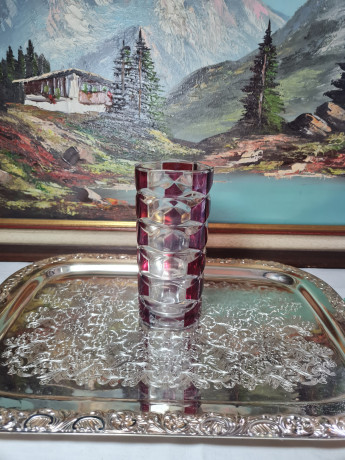 Ваза винтажная Luminarc с красным декором, хрустальное стекло, 17 x 8 см, Франция, 1960-70гг.