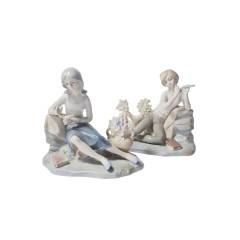 Lladro Винтажные статуэтки "Мальчик с дудочкой" и "Девушка с вазой", 2шт х 15см х 16см, Германия, 1960-70гг.