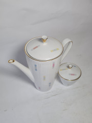 Набор посуды для чая винтажный Winterling Roslau Bavaria, белый фарфоровый чайник, 18 x 20,5 см с разноцветным узором и позолотой и сахарница 9 x 7,5 см, Германия, 1960-70гг.