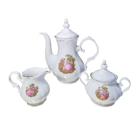 Набор для чая винтажный Apulum "Влюбленная пара", чайник, молочник, сахарница, фарфор, Румыния, 1960-70гг.