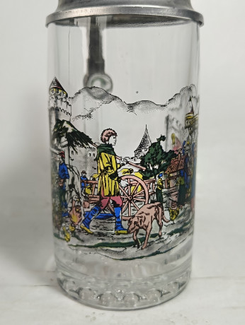 Немецкая пивная кружка винтажная BMF Germany с изображением деревенского сюжета, с крышкой, стекло/ олово, 0.5 л, 19 см, Германия, 1960-70гг.