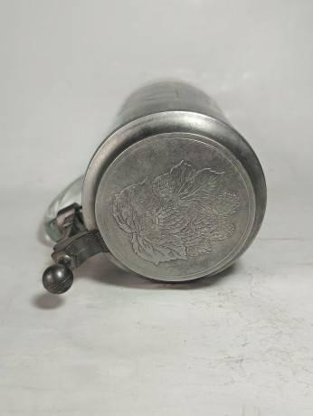 Немецкая пивная кружка винтажная BMF Germany с изображением деревенского сюжета, с крышкой, стекло/ олово, 0.5 л, 19 см, Германия, 1960-70гг.