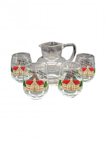 Кувшин с бокалами для вина винтажные "Деревня Ботцингер и винный фестиваль", бокал (4 шт.) - 0.1 л, стекло, Германия, 1970-80гг.