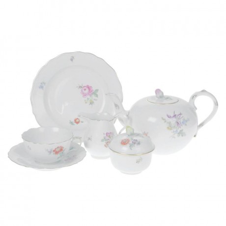 Meissen Meissen  'Neuer Ausschnitt - Blume 2 seitlich leichte Manier gestreut bunt mit Goldrand' Teeservice 6 Personen 21-tlg. Meissen "Новый срез - цветок 2 стороны светлый манер разбросаны красочные с золотым ободком" чайный сервиз 6 персон 21 шт.