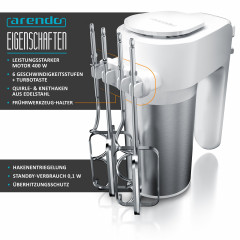 Arendo Arendo Handmixer, 400 W, inkl. 2 x Quirle und 2 x Knethaken aus Edelstahl weiss/silber Ручной миксер Arendo, 400 Вт, включая 2 венчика и 2 крюка для теста из нержавеющей стали