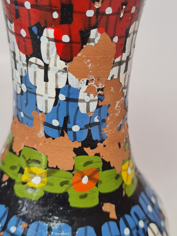 Ваза винтажная Agadir Marokko, черная керамика с красочным цветочным декором, 16 x 6,5 см, Марокко, 1950-60гг.