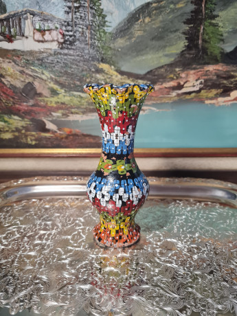 Ваза винтажная Agadir Marokko, черная керамика с красочным цветочным декором, 16 x 6,5 см, Марокко, 1950-60гг.