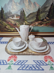 Набор посуды для чая винтажный Winterling Roslau Bavaria, белый фарфоровый с разноцветным узором и позолотой: чайник, сахарница, чайное трио 2 шт, Германия, 1960-70гг.