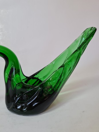 Ваза-подставка из муранского стекла "Зеленый лебедь", Италия, 13см х 22см, 1960-70гг.