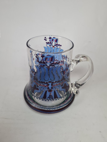 Стеклянный кувшин для воды с рисунком в сине-фиолетовых тонах с зеленой окантовкой 14 х 14 см, Германия, 1960-70гг.