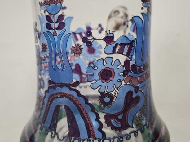 Стеклянный кувшин для воды с рисунком в сине-фиолетовых тонах с зеленой окантовкой 14 х 14 см, Германия, 1960-70гг.