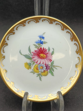 Тарелка декоративная винтажная Gerold Bavaria "Розовая гербера" с золотистой окантовкой, фарфор, 10 см, Германия, 1960-70гг.