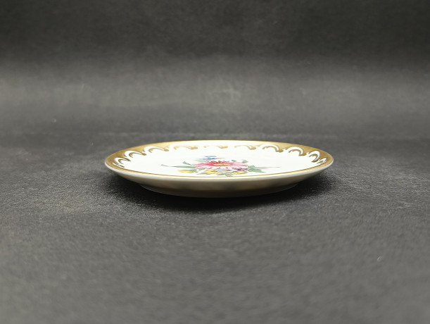 Тарелка декоративная винтажная Gerold Bavaria "Розовая гербера" с золотистой окантовкой, фарфор, 10 см, Германия, 1960-70гг.