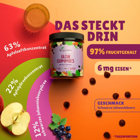Vegavero Iron Gummies жевательные витамины с железом, для детей и взрослых, 90 пастилок, натуральный состав