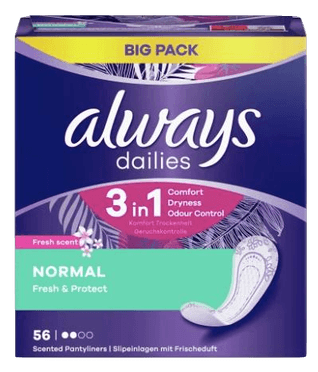 always Slipeinlage Fresh&Protect Normal mit Frischeduft BigPack 56 St, Прокладки Ежедневные Normal с ароматом свежести 56 штук, 1 упаковка (56 штук)