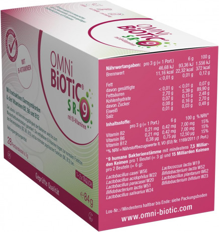 OMNi BiOTiC SR-9 with B Vitamins 28st (84g), Пробиотик 2-в-1 с витаминами B2, B6, B12, 9 штаммов бактерий для кишечника и нервной системы, от усталости и стресса, 28 порций х 3г