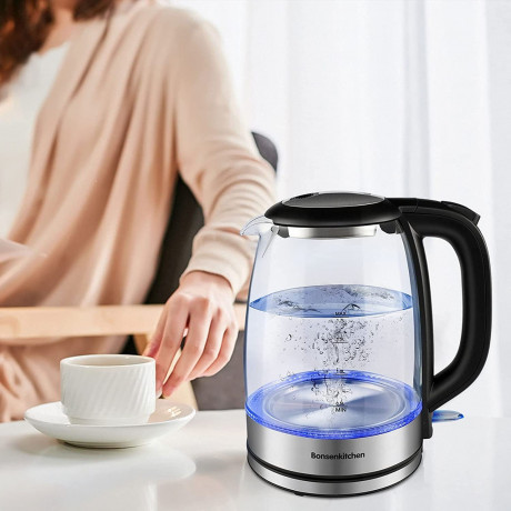 Bonsenkitchen Bonsenkitchen Wasserkocher Wasserkocher aus Glas, 1,7 L 2200 W Wasserkocher mit blauer LED-Beleuchtung, automatischer Abschaltung und Uberhitzungsschutz, Innendeckel und Boden aus 304 Edelstahl (BPA-frei), 1,7 l, 2200 W Стеклянный чайник Bo